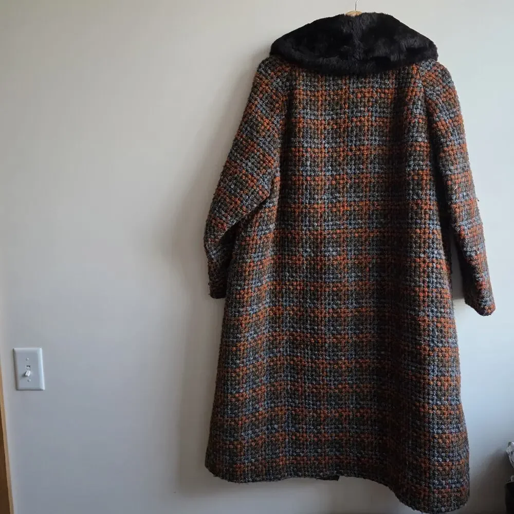 VTG‎ 1950's Womens Tweed Full Length Orange Brown Overcoat LG Heritage Old Money